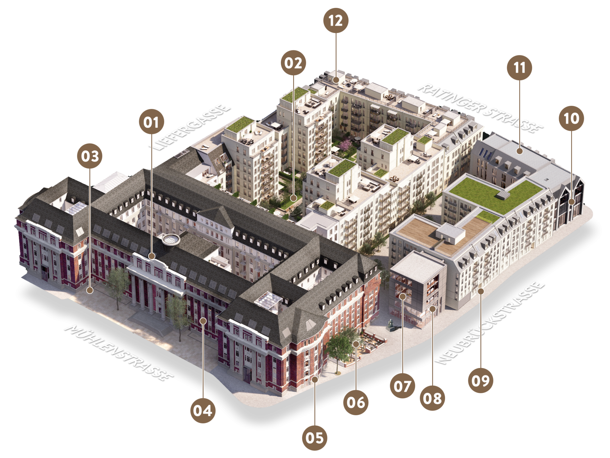 Lageplan vom Andreas Quartier und The Wellem Hotel mit Mühlenstrasse Neubrückstrasse Ratinger Strasse und Liefergasse