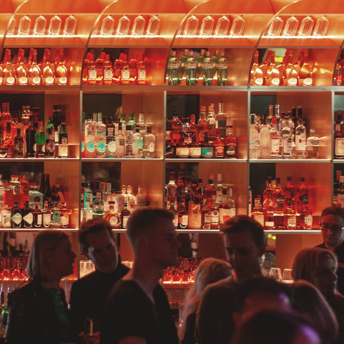 Gäste vor dem hohen, beleuchteten Flaschenregal der Bar