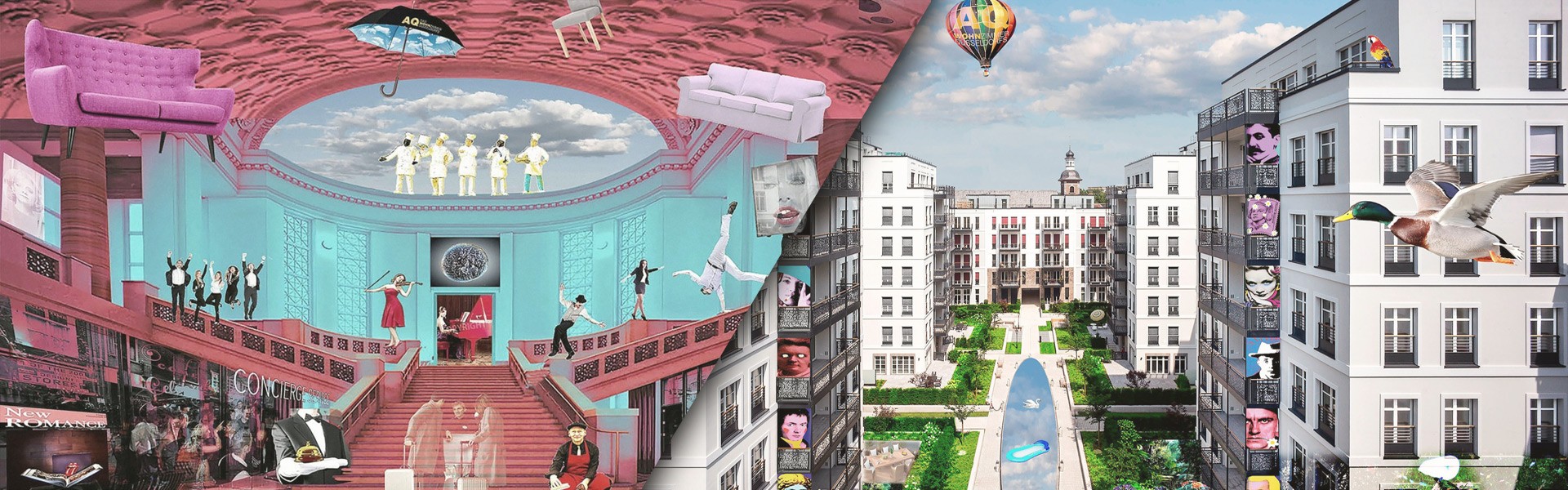 Farbenfrohe Collage von HA Schult mit der historischen Halle und dem Andreas Garten mit fliegenden Enten