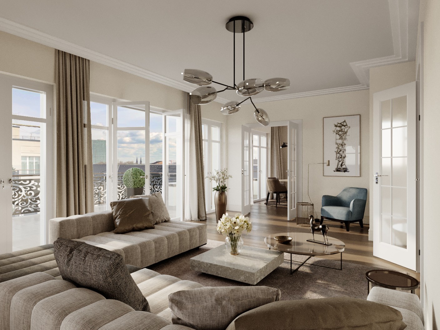 Helles Wohnzimmer einer Residence mit Sofalandschaft, Glasleuchter und bodentiefen Fenstern