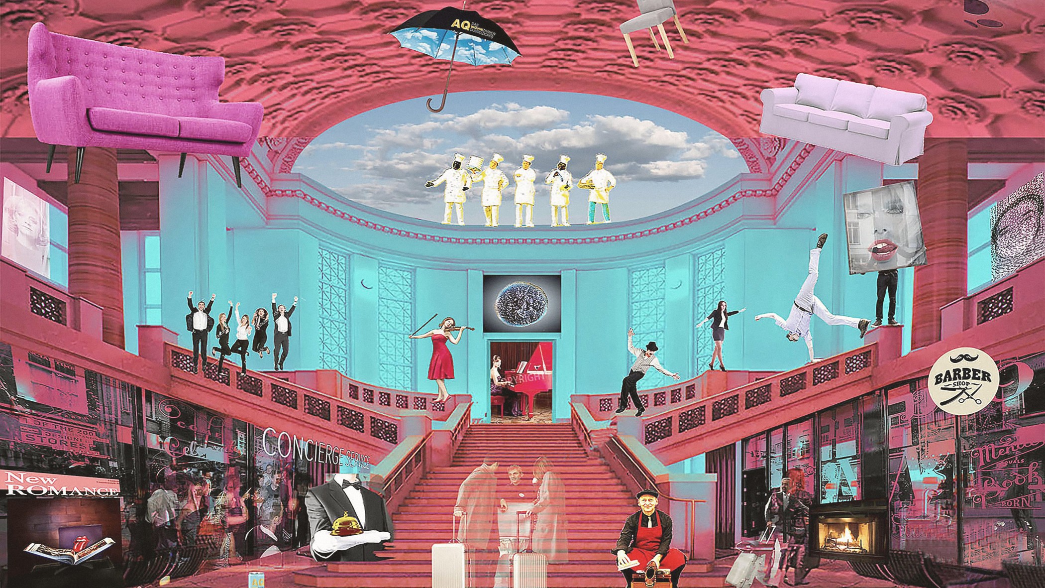 Farbenfrohe Collage von HA Schult: die Halle von The Wellem mit schwebenden Sofas, Köchen, Musikern und Gästen