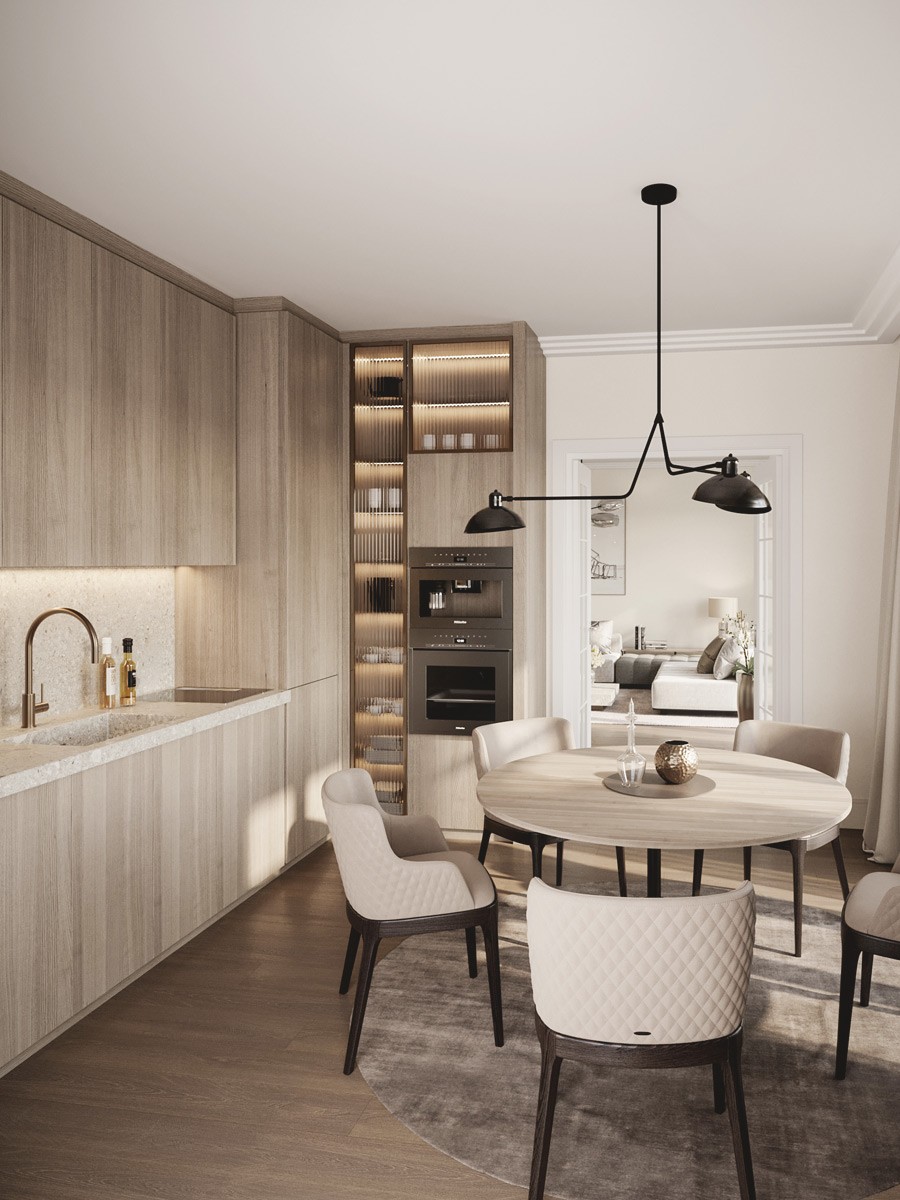 Interior Design einer Wohnung mit Küche und Essbereich in einer Andreas Quartier Residence in Düsseldorf