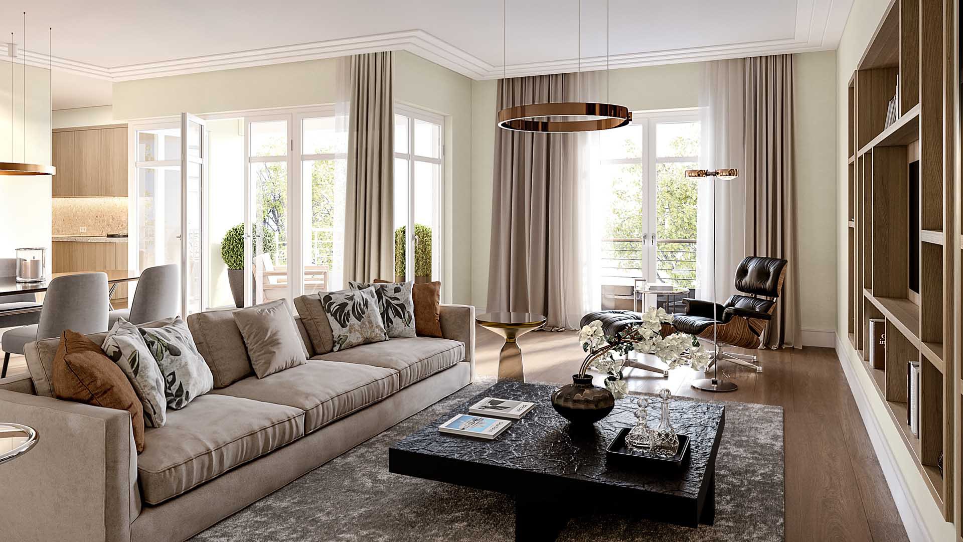 Wohnzimmer mit großem Sofa, dunklem Couchtisch, Lounge-Sessel und Fenstertüren zum Balkon