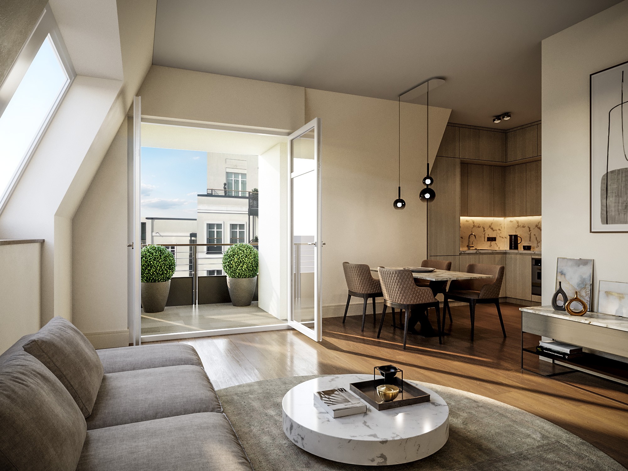 Wohnzimmer einer Private Residence im Andreas Quartier in Düsseldorf