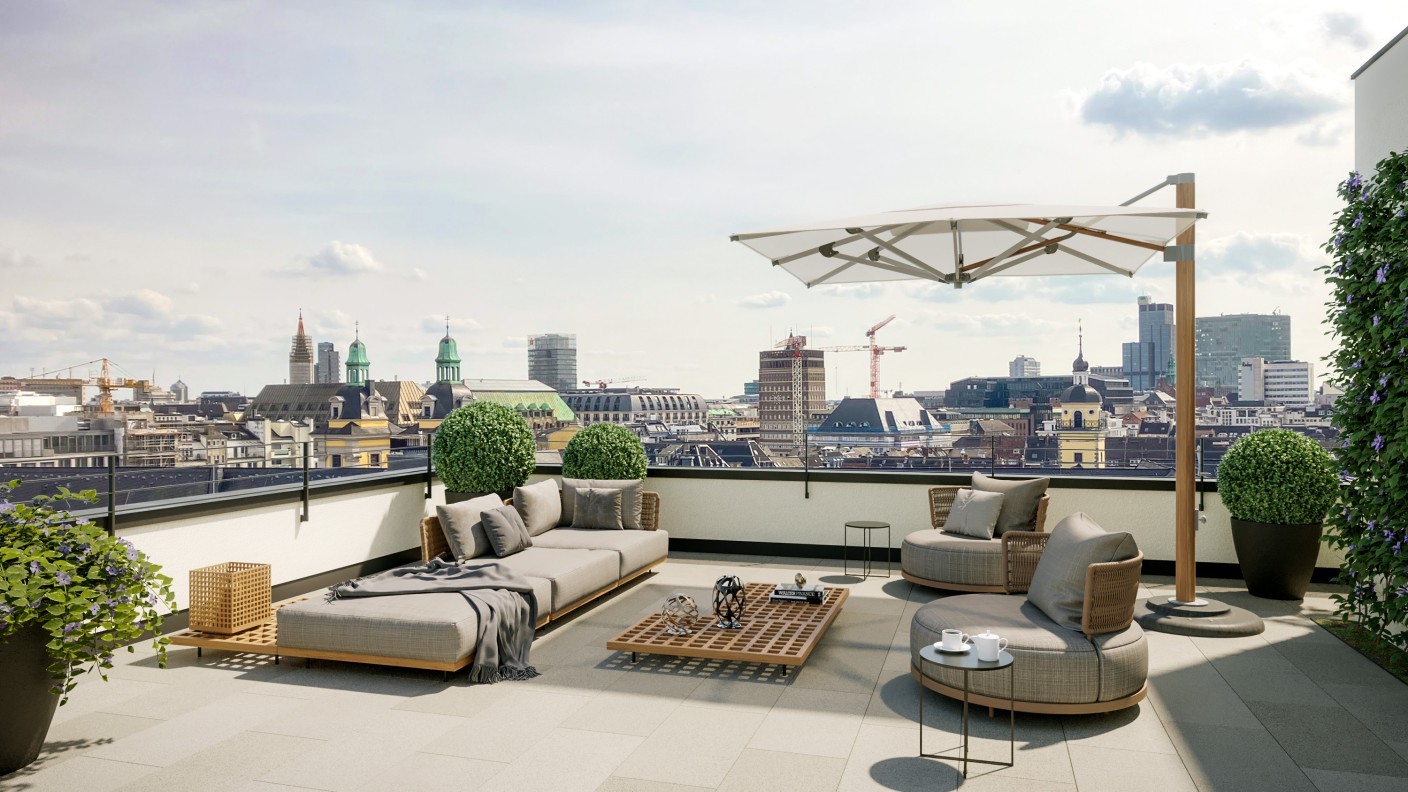 Grosse Dachterrasse in einer Residence im Andreas Quartier in Düsseldorf mit Blick auf Düsseldorf