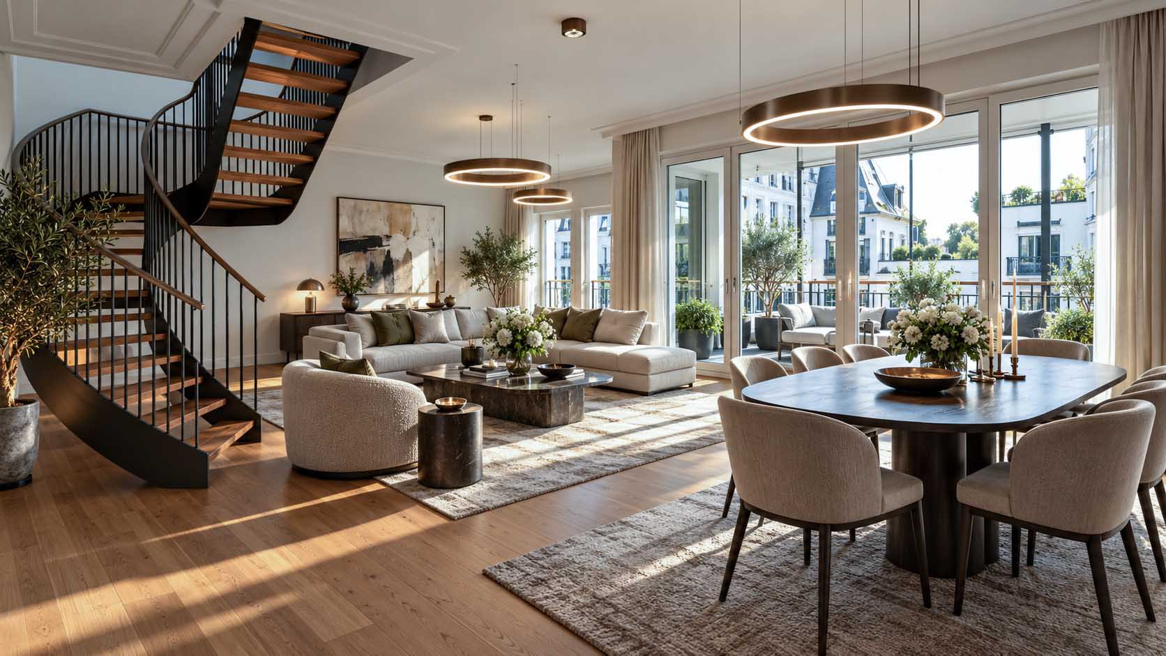 Offener Wohn- und Essbereich mit Wendeltreppe, Esstisch und Fensterfront zur Dachterrasse