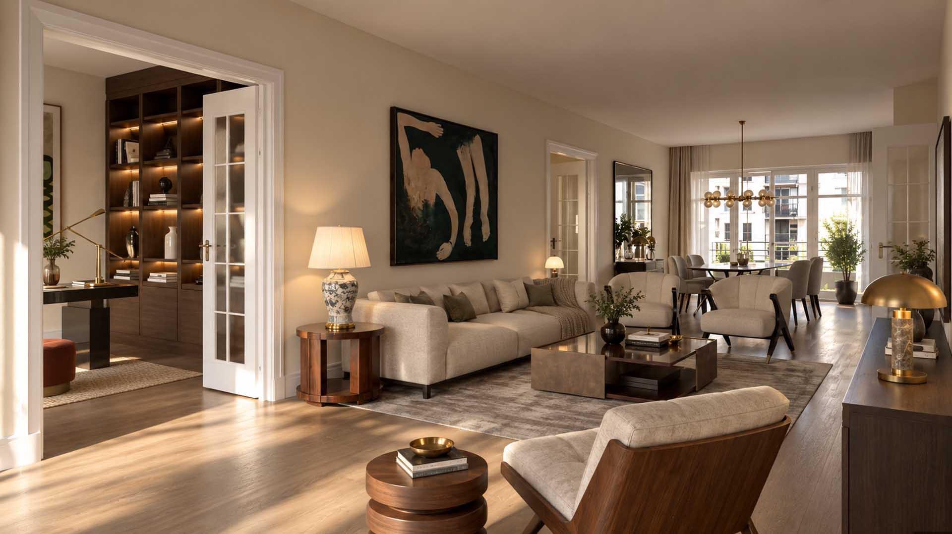 Langgestreckter Salon mit Sofa, Arbeitszimmer mit beleuchtetem Regal und Essplatz am Fenster