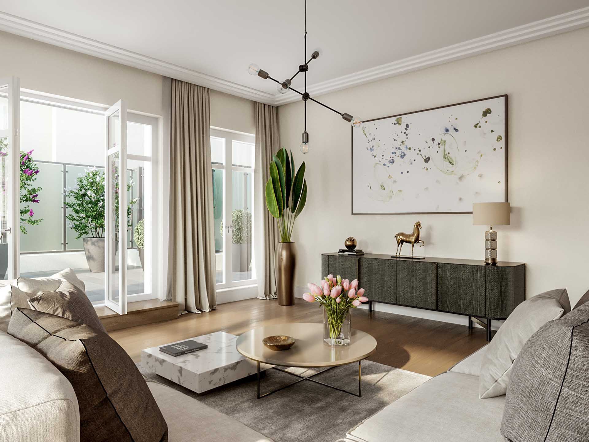 Wohnzimmer mit Ecksofa, Sideboard und abstraktem Wandbild, daneben Fenstertüren zur Terrasse