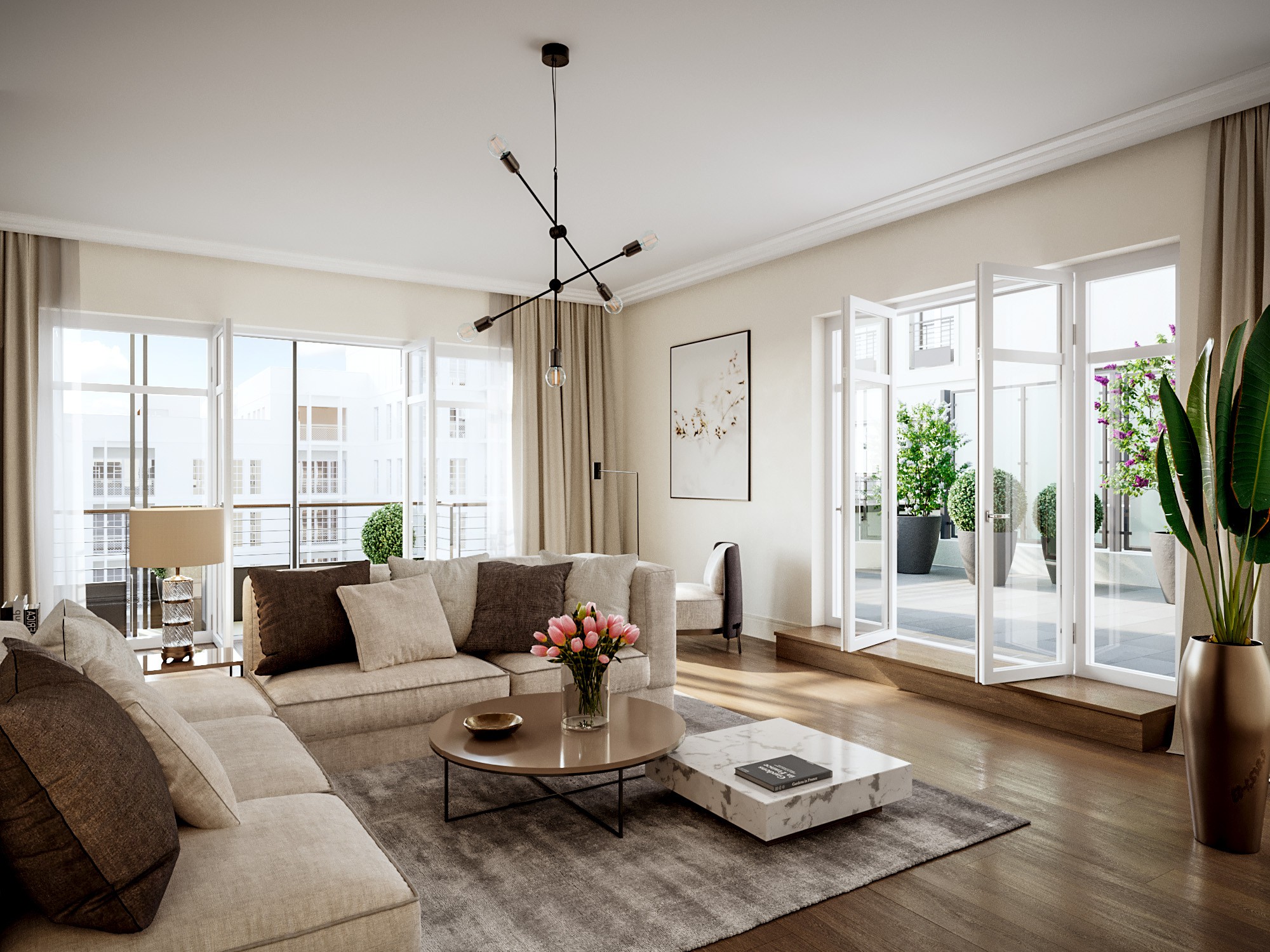 Wohnzimmer mit Sofa, runden Couchtischen und geöffneten Fenstertüren zur Terrasse