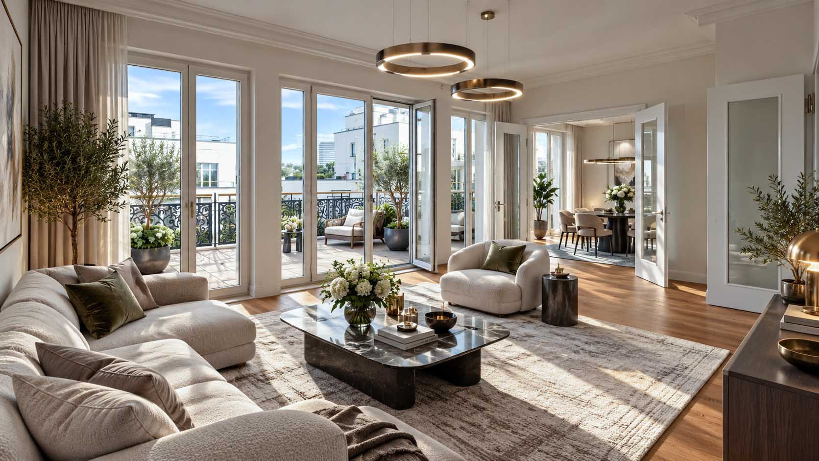 Heller Wohnbereich mit Ecksofa und bodentiefen Fenstern zum Balkon, dahinter der Essbereich